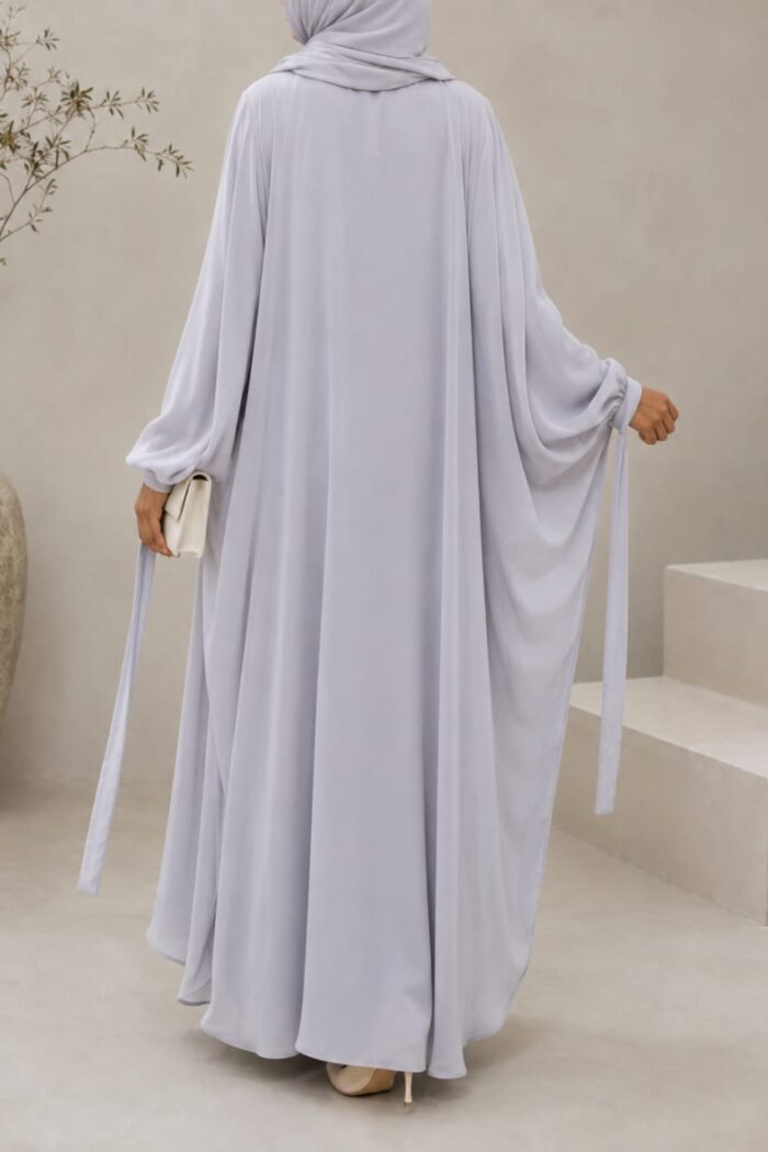 Light grey kaftan abaya back view with ribbon cuff and matching hijab