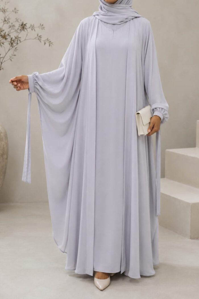 Light grey kaftan abaya front view with ribbon cuff tie detail