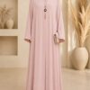 Light pink medallion abaya front view with medallion pendant detail