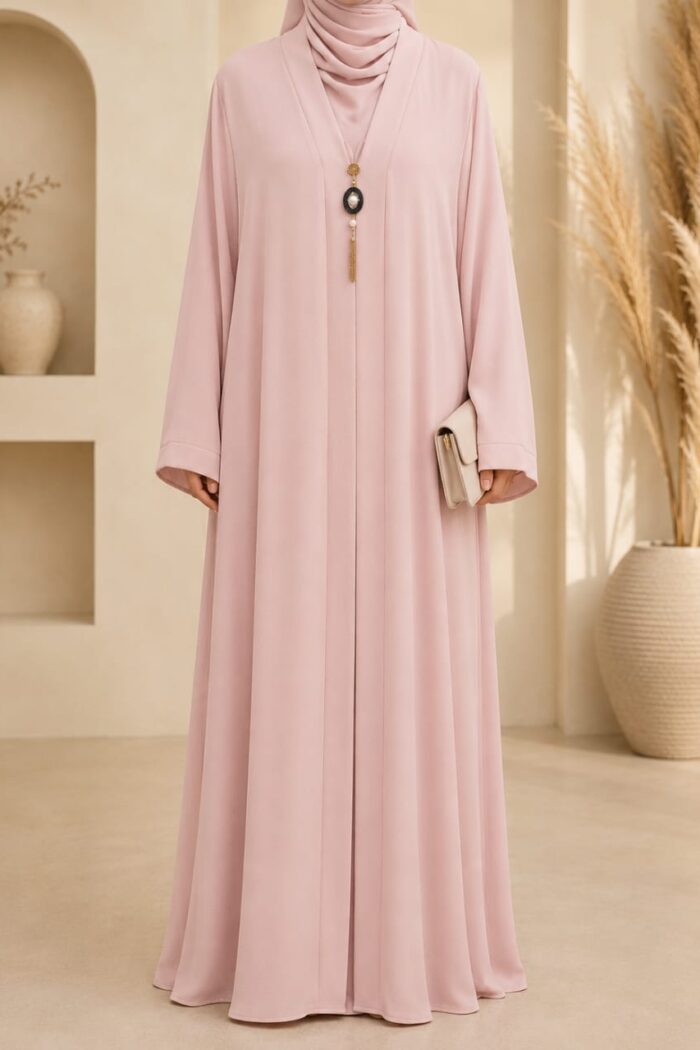 Light pink medallion abaya front view with medallion pendant detail