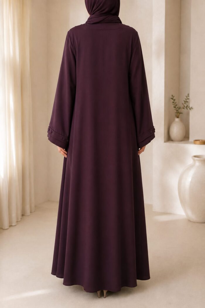 Magenta button maxi abaya back view with matching hijab and cuff detail