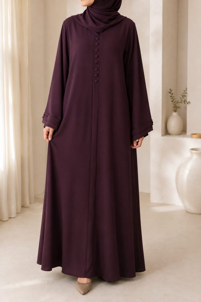 Magenta button maxi abaya front view with decorative button placket