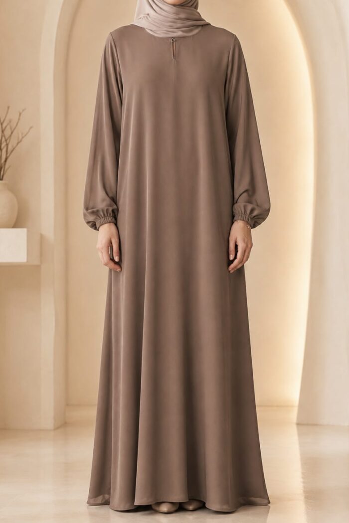 Matwaze abaya in camel brown with elasticated cuff - front view