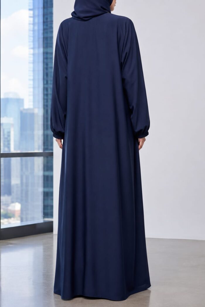 Matwaze abaya in navy blue with puff sleeve cuff - back view