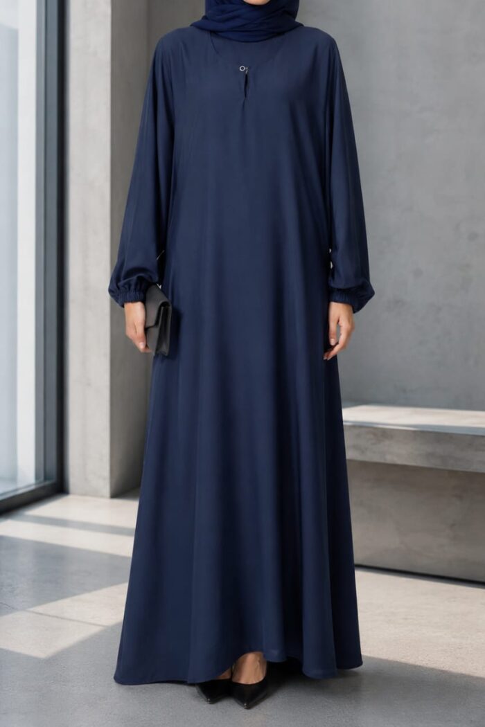 Matwaze abaya in navy blue with elasticated cuff - front view
