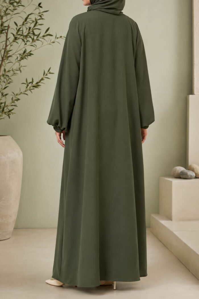 Matwaze abaya in olive green with puff sleeve cuff - back view