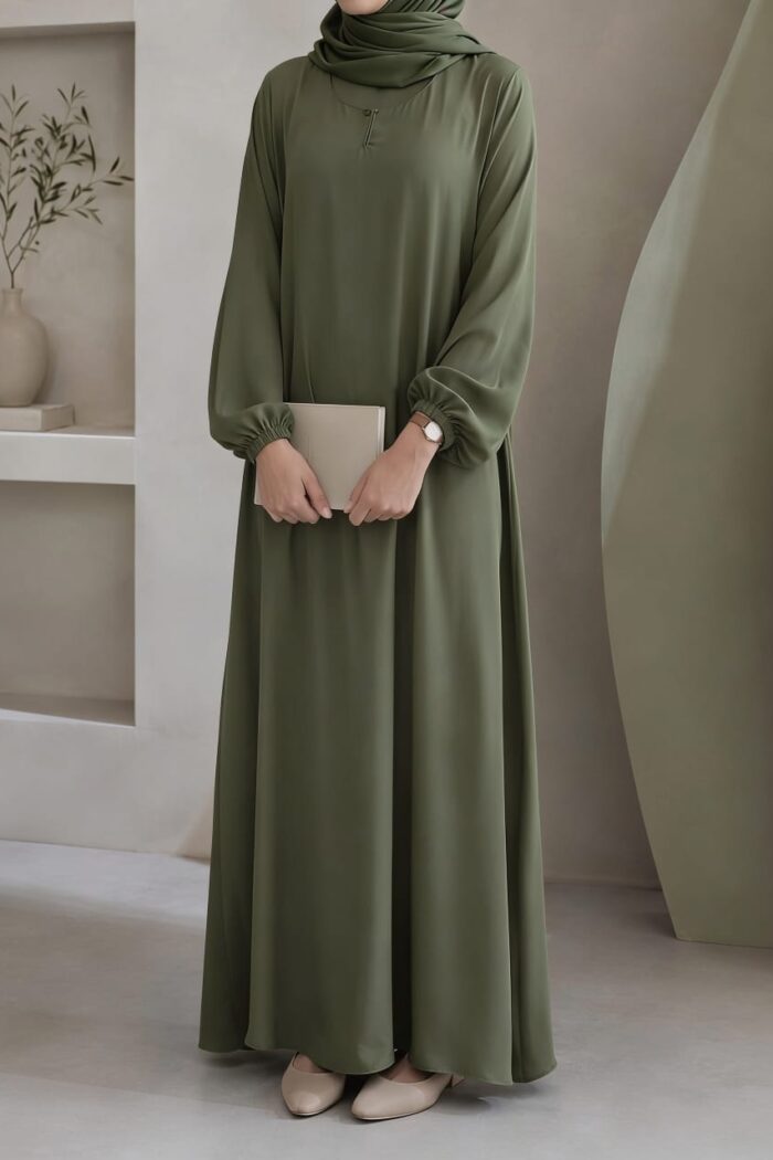 Matwaze abaya in olive green with elasticated cuff - front view