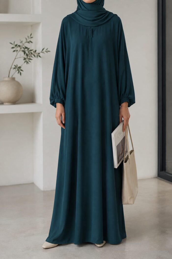 Matwaze abaya in sea green with elasticated cuff - front view