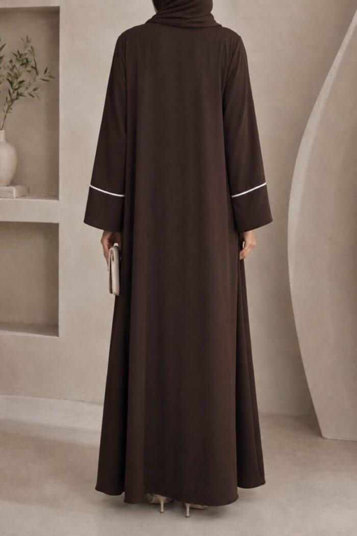 Matwaze juba korean abaya in brown with white piped cuffs - back view