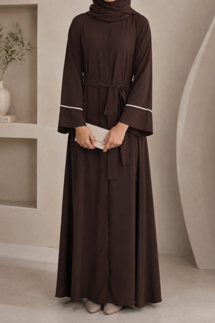 Matwaze juba korean abaya in brown with waist belt - front view