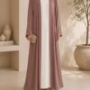 Mazdoja lining tench abaya in dusty pink open coat over white dress - front view