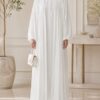Mazdoja Plates Abaya in white, front view with pleated front and button closure