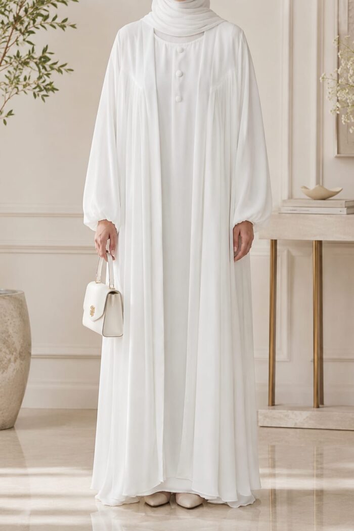 Mazdoja Plates Abaya in white, front view with pleated front and button closure