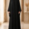 Mazdoja Single Beed Abaya in black, front view with beaded front closure and neckline detail