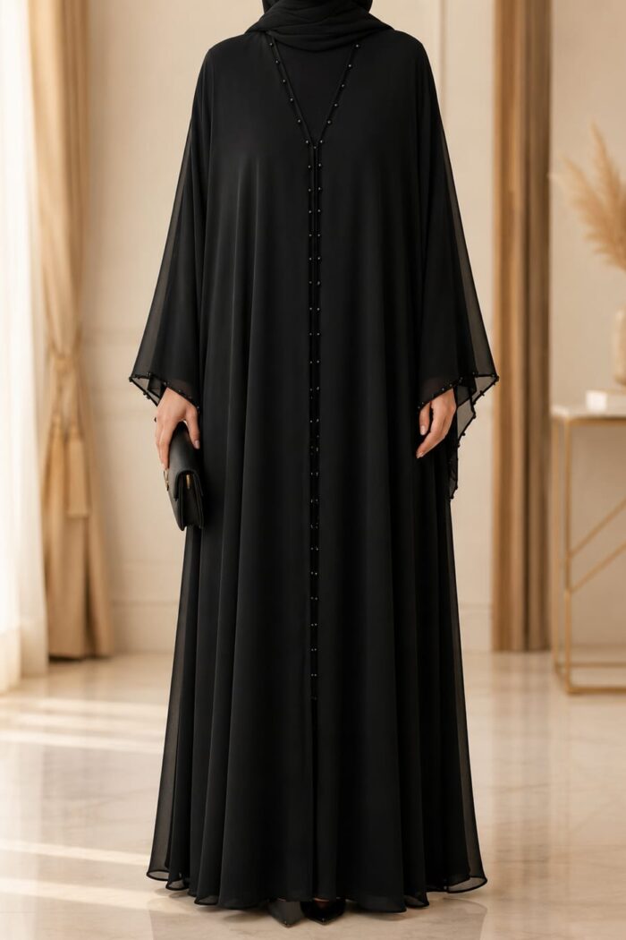 Mazdoja Single Beed Abaya in black, front view with beaded front closure and neckline detail