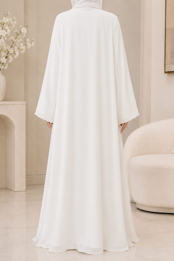Mazdoja Single Beed White Abaya, back view showing sheer sleeves and flowing silhouette