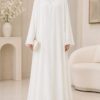 Mazdoja Single Beed White Abaya, front view with beaded front closure and neckline detail