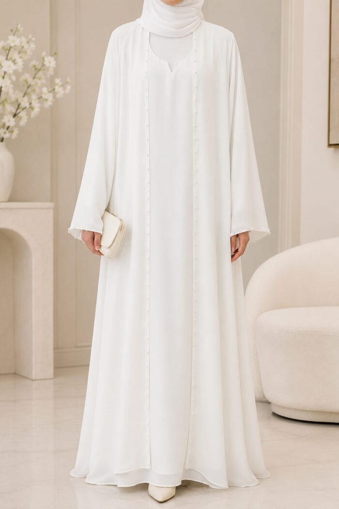 Mazdoja Single Beed White Abaya, front view with beaded front closure and neckline detail