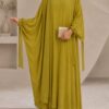 Mustard green kaftan abaya front view with ribbon cuff tie detail