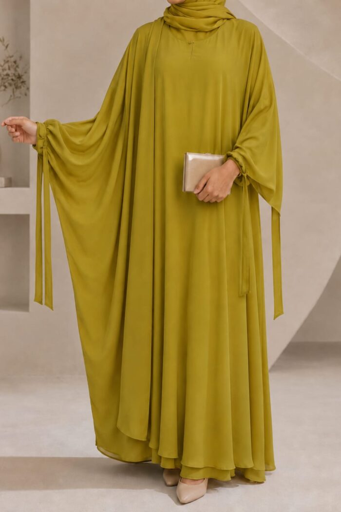 Mustard green kaftan abaya front view with ribbon cuff tie detail