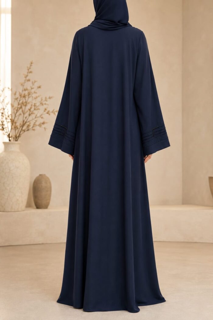 Navy blue plates stone abaya back view with matching hijab and pleated cuffs