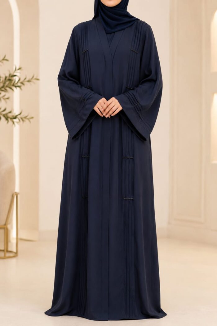 Navy blue plates stone abaya front view with vertical pleated plates