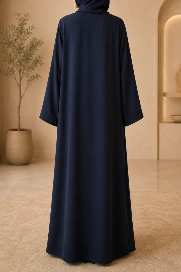 Navy blue stone embellished juba abaya with cuff detail - back view