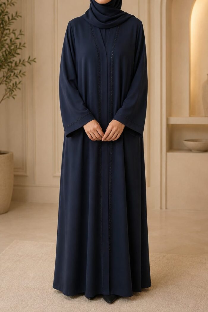 Navy blue stone embellished juba abaya - front view