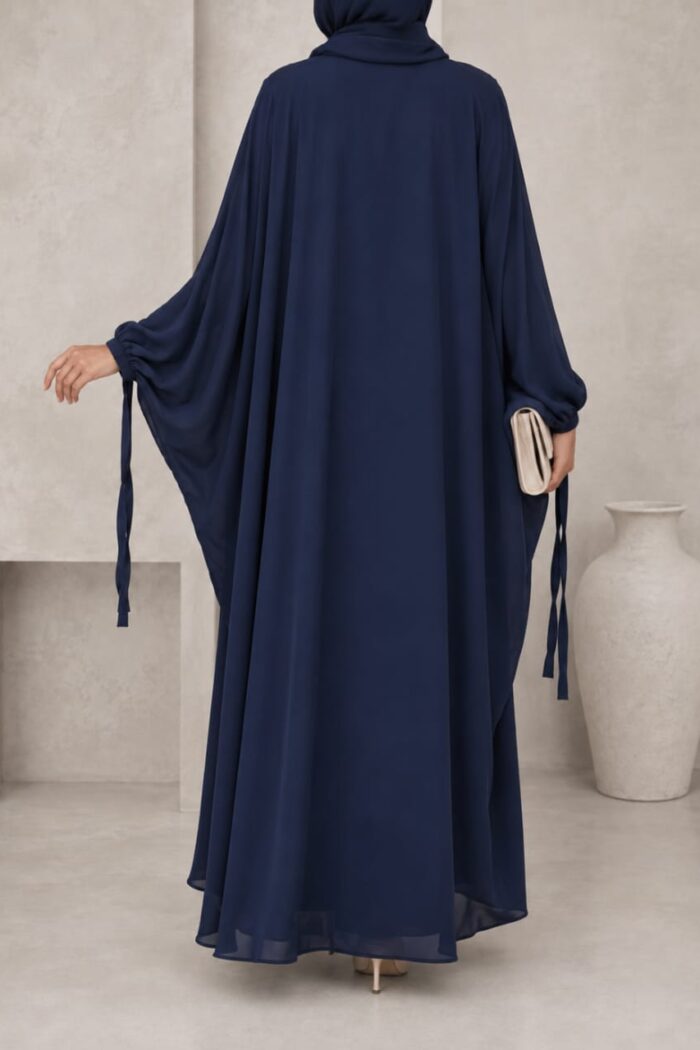 Navy blue kaftan abaya back view with ribbon cuff and matching hijab