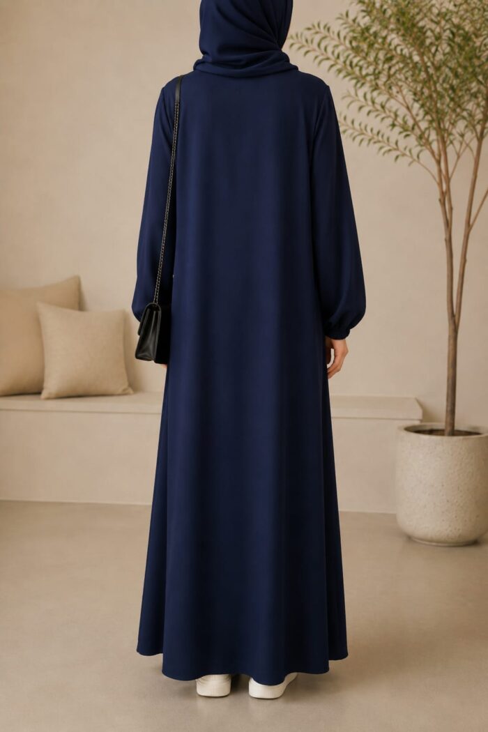 Navy Matwaze teen abaya back view with matching hijab and cuffed sleeves
