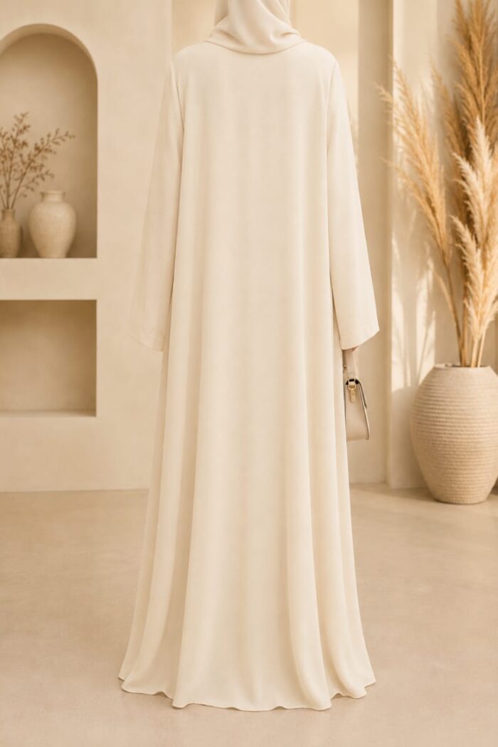 white medallion abaya back view with matching hijab and cuffed sleeves