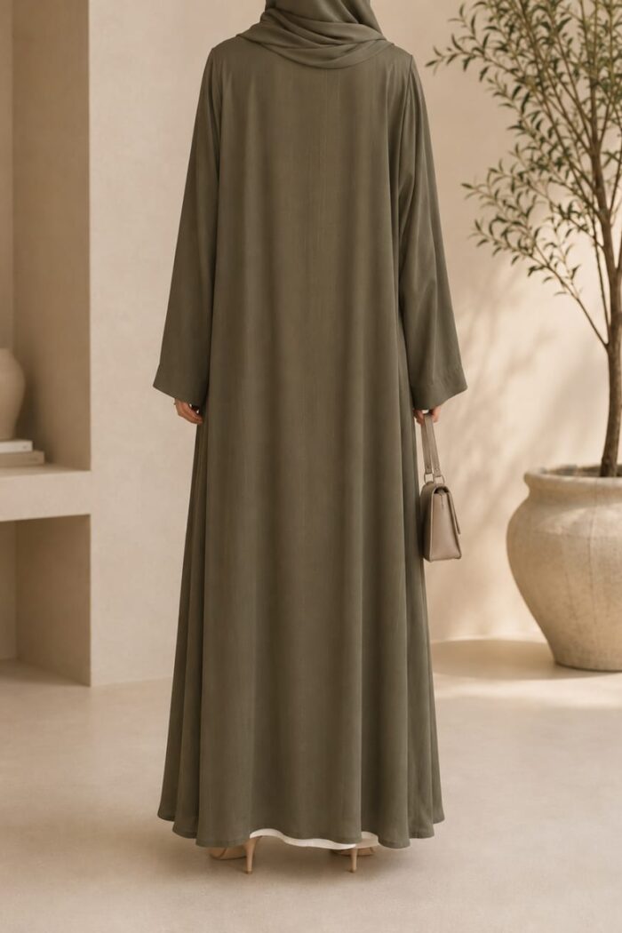 Olive green lining abaya back view with matching hijab and cuffed sleeves