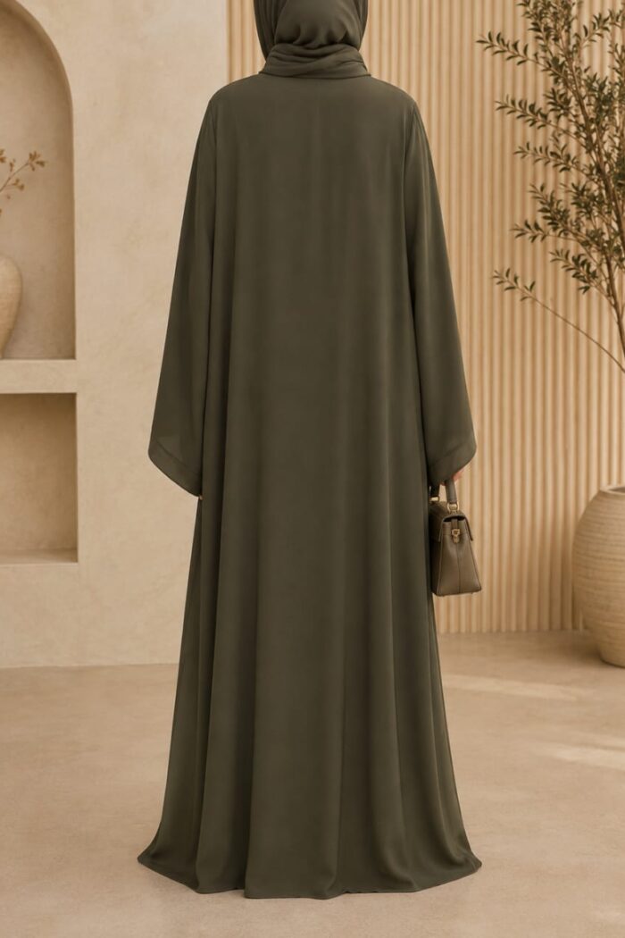 Olive green medallion abaya back view with matching hijab and cuffed sleeves