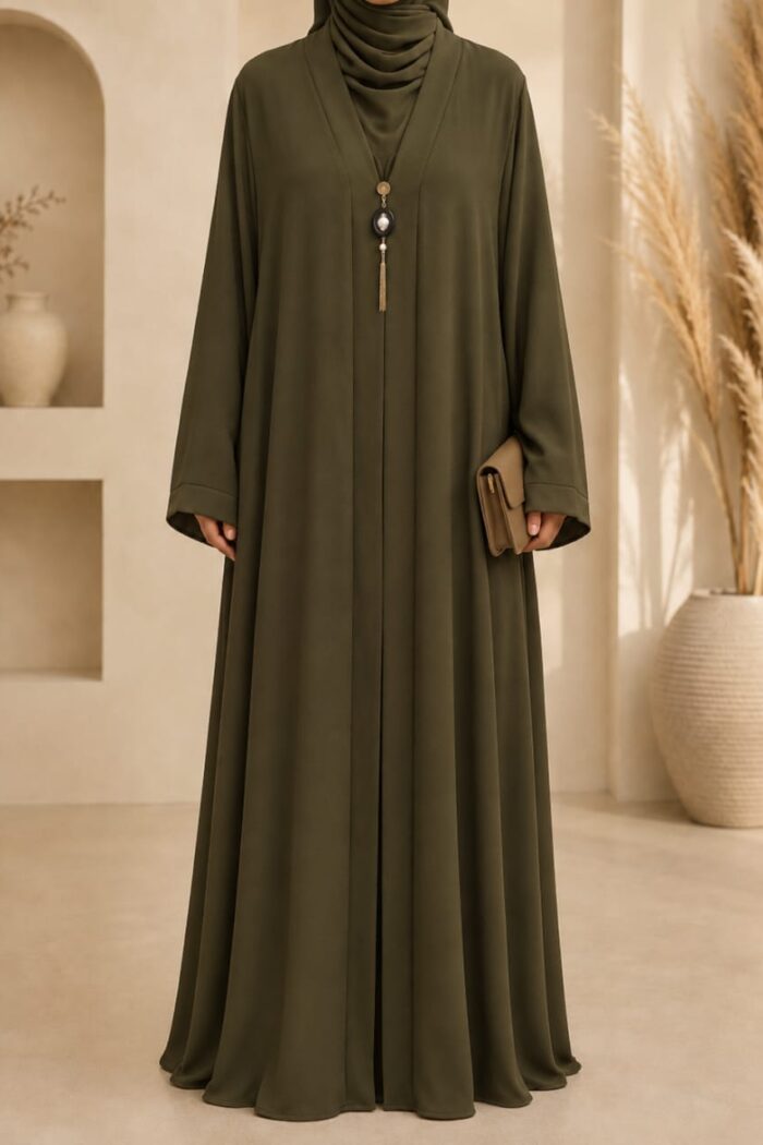 Olive green medallion abaya front view with medallion pendant detail