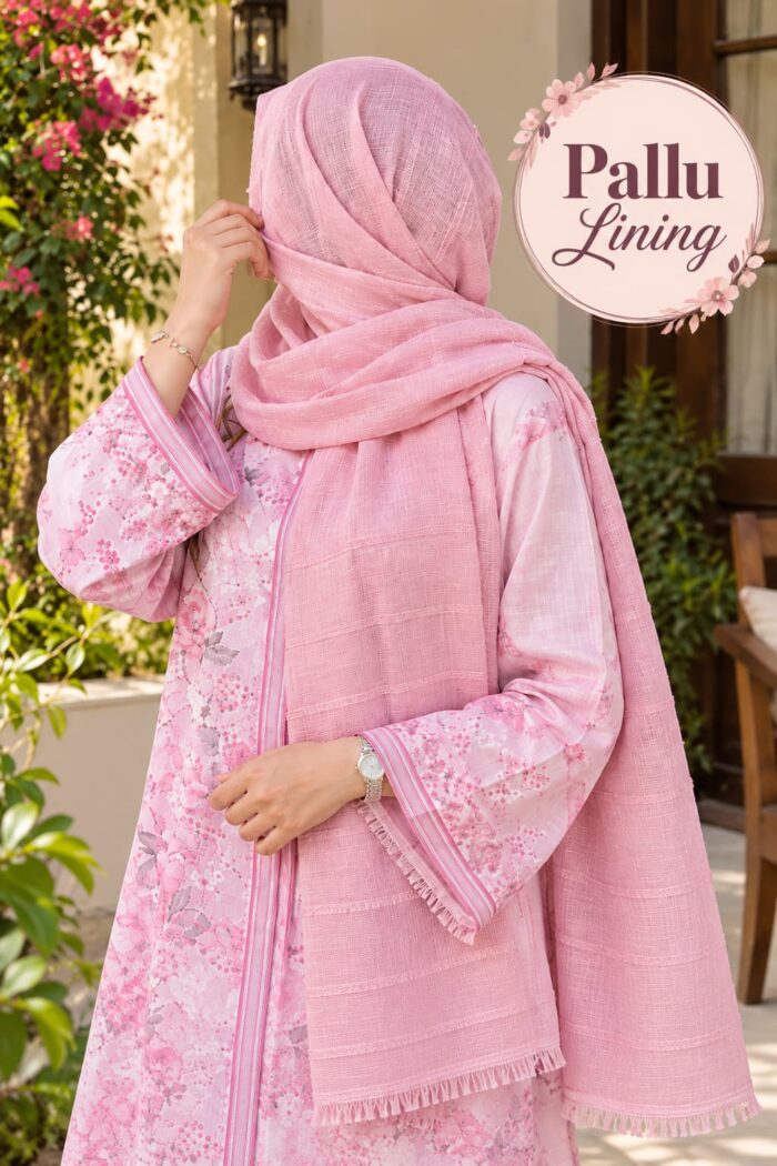 Pallu Cross Lining Cotton Stoler in Light Pink draped as a hijab
