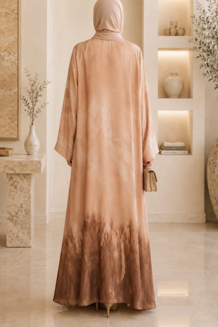 Peach tie dye medallion abaya back view with light brown ombre cloud pattern