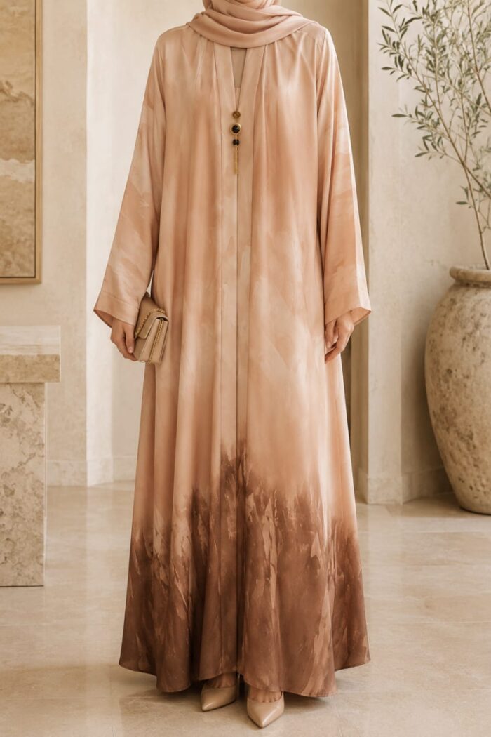 Peach tie dye medallion abaya front view with medallion pendant detail