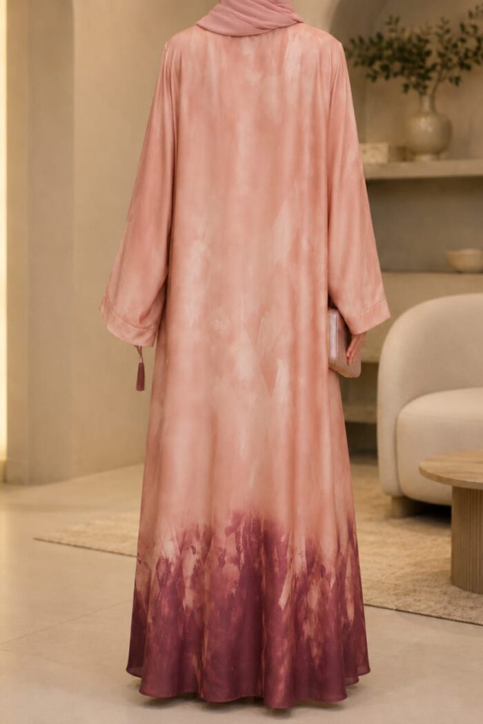 Pink tie dye medallion abaya back view with ombre pattern and matching hijab