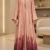 Pink tie dye medallion abaya front view with medallion pendant detail