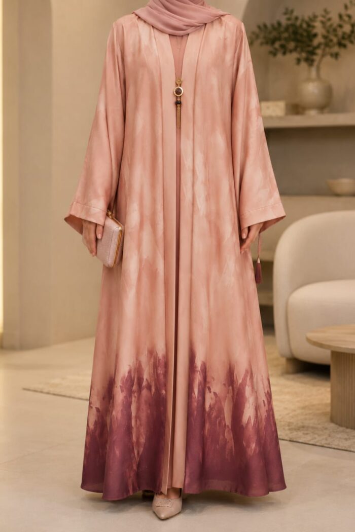Pink tie dye medallion abaya front view with medallion pendant detail