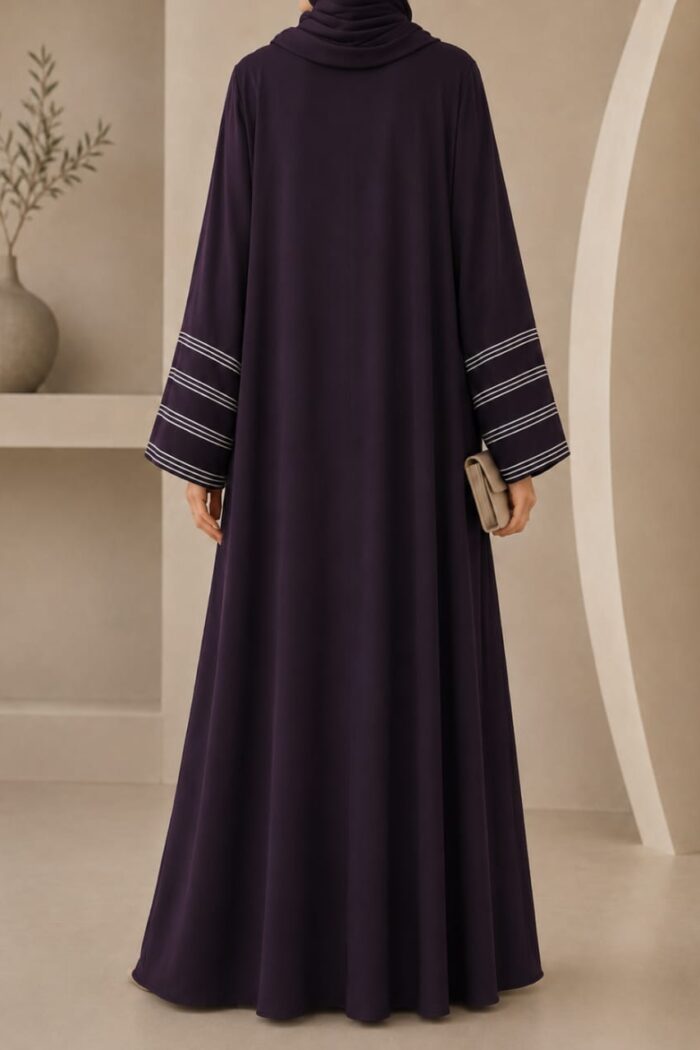Purple dori embroidered abaya with striped cuffs - back view