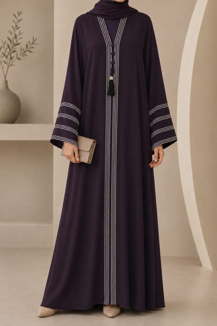 Purple dori embroidered abaya with tassel closure - front view