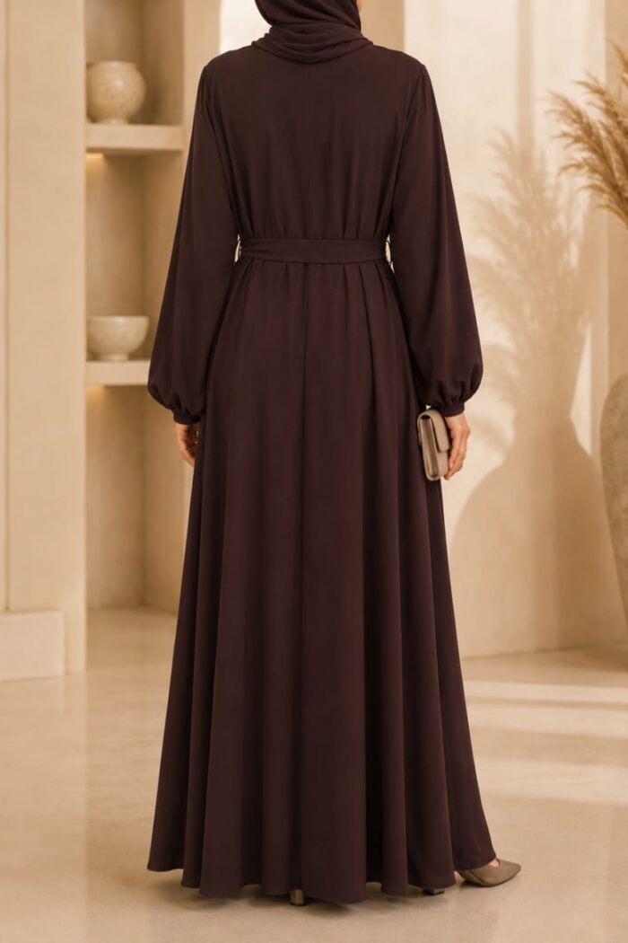 Purple tassel abaya back view with waist belt and matching hijab