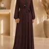 Purple tassel abaya front view with decorative buttons and tassel detail