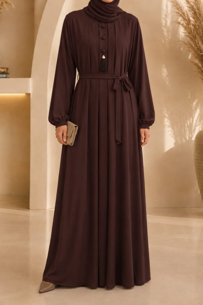 Purple tassel abaya front view with decorative buttons and tassel detail