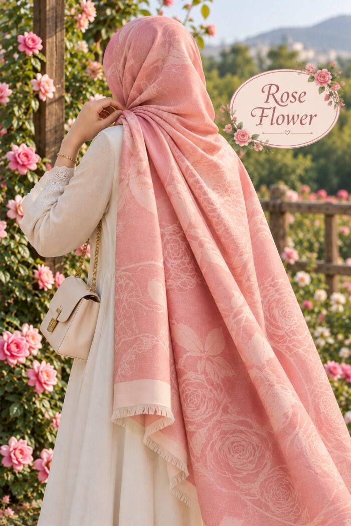 Rose Flower Cotton Stoler in Sand Beige draped as a hijab
