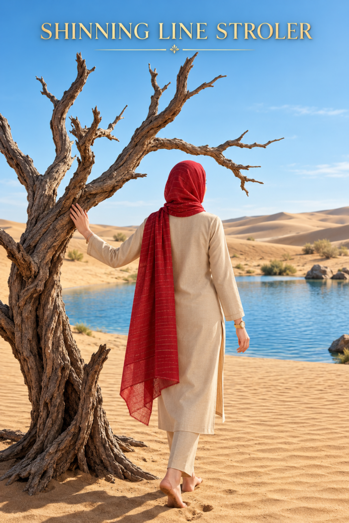 Shining Line Cotton Stoler in Red draped as a hijab
