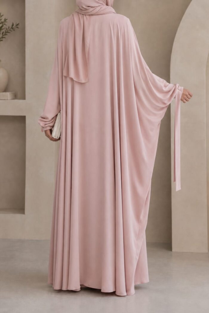 Tea pink kaftan abaya back view with ribbon cuff and matching hijab