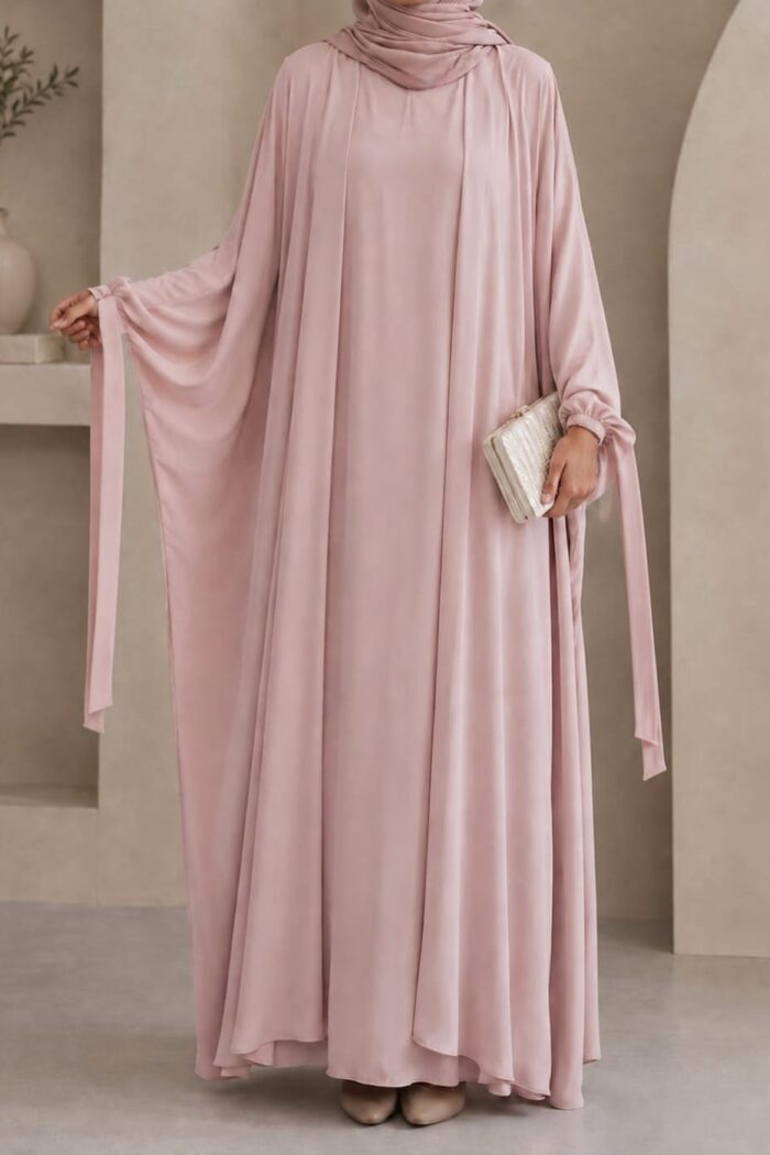 Tea pink kaftan abaya front view with ribbon cuff tie detail