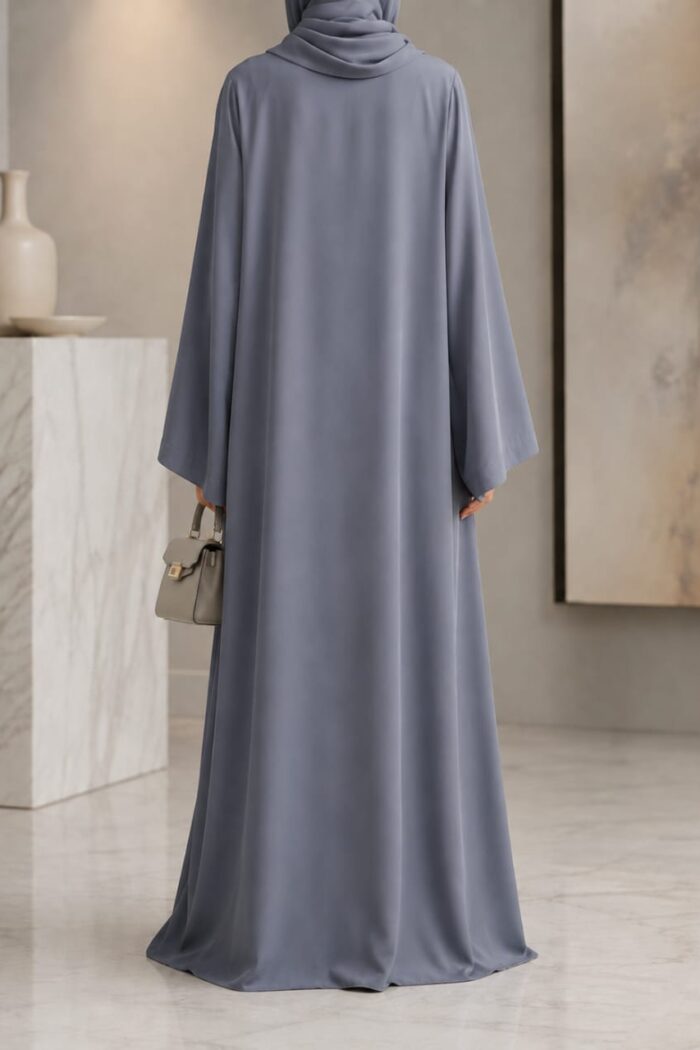 Tik Tok Asri 2 Abaya in cashmere silver, back view showing flowing silhouette and draped hijab